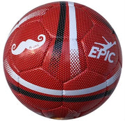 Red, white and black size 5 soccer ball with textured panels. This soccer ball has the word "EPIC" and a Mustache printed on it. It has a Butyl bladder inside. 