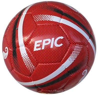 Red, white and black size 5 soccer ball with textured panels. This soccer ball has the word "EPIC" printed on it. It has a Butyl bladder inside. 