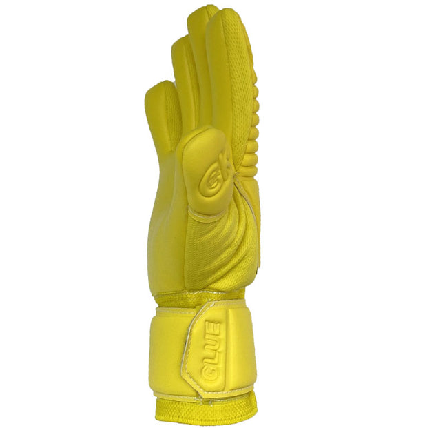 Yellow Goalkeeper Soccer Glove with 4mm of German Contact Latex on the palm and 8mm of contact latex on the backhand. 