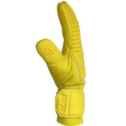Yellow Goalkeeper Soccer Glove with 4mm of German Contact Latex on the palm and 8mm of contact latex on the backhand. The word "Glue" is printed on the strap. 