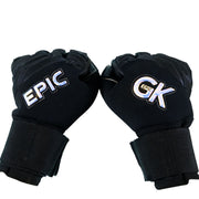 2 soccer goalkeeper gloves that are all black with hologram reflector logos on the backhand. One logo says, "EPIC" and the other logo says "EPIC GK" in white. This soccer goalie glove has rubber punch zones on the knuckles. The name of this soccer goalie glove is the "Stealth".