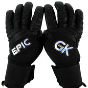 2 soccer goalkeeper gloves that are all black with hologram reflector logos on the backhand. One logo says, "EPIC" and the other logo says "EPIC GK" in white. This soccer goalie glove has rubber punch zones on the knuckles. The name of this soccer goalie glove is the "Stealth".