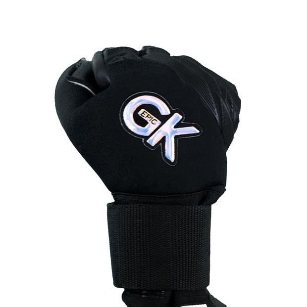All black Soccer Goalkeeper Glove with a hologram reflector logo on the back that says, "EPIC GK". This soccer goalie glove is an Ideal Cut and has rubber punch zones on the knuckles. The name of this soccer goalie glove is the "Stealth" soccer glove. 