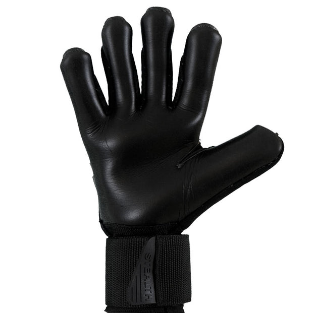 All black Soccer Goalkeeper Glove. The palm is made of 4mm of German contact latex. This soccer goalie glove is an Ideal Cut and has rubber punch zones on the knuckles. The name of this soccer goalie glove is the "Stealth" soccer glove. 