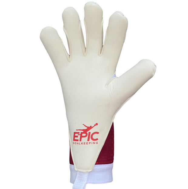 Red and white soccer goalkeeper glove with the words "EPIC Goalkeeping" printed on the palm. This soccer goalie glove has a white strap and white finger tips. The name of this soccer glove is the "Touch" by EPIC Soccer Academy.