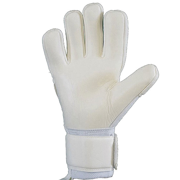 All white Goalkeeper Soccer Glove with 4mm of German Contact Latex on the palm and 8mm of contact latex on the backhand. This is a Negative Cut Soccer Goalie Glove.