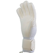 White Goalkeeper Soccer Glove with 4mm of German Contact Latex on the palm and 8mm of contact latex on the backhand. The word "Glue" is printed on the strap. 