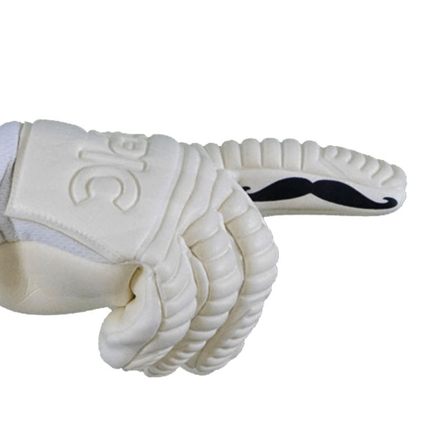 White Goalkeeper Soccer Glove with a black mustache printed on the index finger. The soccer goalie glove is made of 4mm of German Contact Latex on the palm and 8mm of contact latex on the backhand with padded fingers and thumbs. The world "EPIC" is printed across the back of the soccer glove.