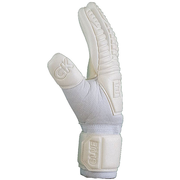 White Goalkeeper Soccer Glove with 4mm of German Contact Latex on the palm and 8mm of contact latex on the backhand. The word "Glue" is printed on the strap. 