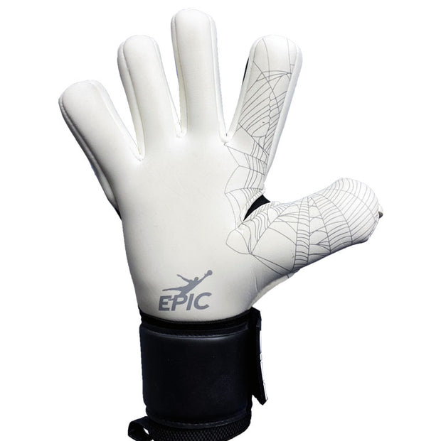 White and Black Soccer Goalkeeper Glove with a spider web design on the palm. This is a Negative Cut soccer goalie glove called the Black Widow. It is made by EPIC Soccer Academy.