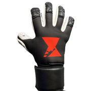 Black, red and white Soccer Goalkeeper Glove with a Black Widow red design on the backhand and a black widow spider on the thumb. a spider web is printed on the palm of the soccer glove.