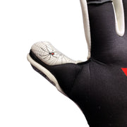 Red, white and black Soccer Goalkeeper Glove with a Black Widow spider printed on the thumb. A spider web design is printed on the palm of the glove. The name of this soccer goalie glove is the "Black Widow" and it is made by EPIC Soccer Academy. 