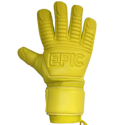 All yellow Soccer Goalkeeper Glove with the word "EPIC" in capital letters across the back of the glove and a 8mm Contact Latex backhand with padded fingers and thumb.