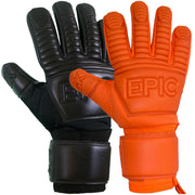 2 soccer goalkeeper gloves. One glove is all black and the other glove is all orange. Both soccer goalie gloves have the word "EPIC" engraved on the backhand. The orange and black gloves are for Halloween colors. These soccer goalkeeper gloves are called "the Glue". These soccer gloves have 8mm of contact latex on the backhand.