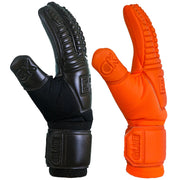 2 soccer goalkeeper gloves. One glove is all black and the other glove is all orange. Both soccer goalie gloves have the word "GLUE" engraved on the strap. The orange and black gloves are for Halloween colors. These soccer goalkeeper gloves have 8mm of contact latex on the backhand and 4mm of German contact latex on the palm. 