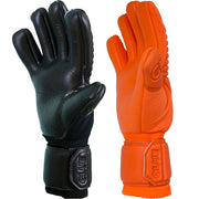 2 soccer goalkeeper gloves. One glove is all black and the other glove is all orange. Both soccer goalie gloves have the word "GLUE" engraved on the strap. The orange and black gloves are for Halloween colors. These soccer goalkeeper gloves have 8mm of contact latex on the backhand and 4mm of German contact latex on the palm. 