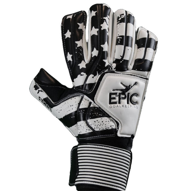 Black and white soccer goalkeeper glove with Stars and Stripes pattern. The words, "EPIC Goalkeeping" are printed on the back. The word "Stars" is printed on the thumb. This soccer goalie glove has an extended palm and 4mm of German contact latex on the palm. 