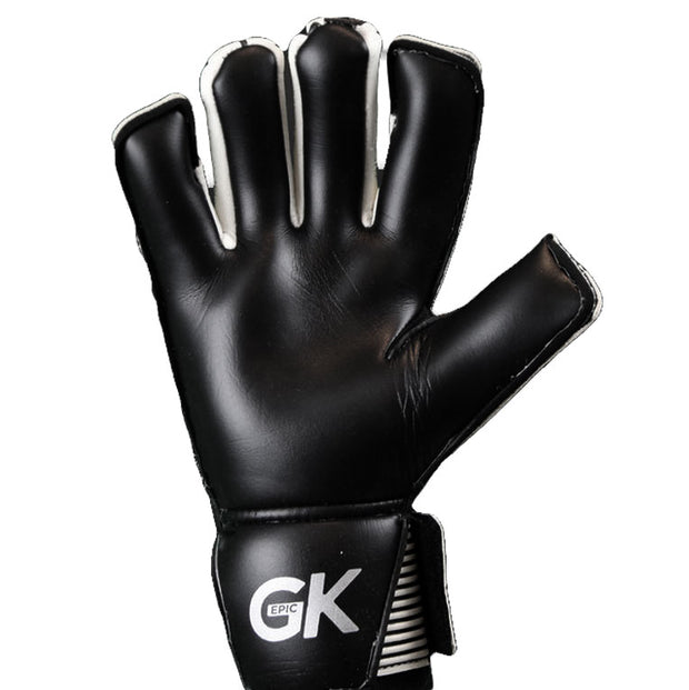 black and white soccer goalkeeper glove. The palm of this soccer goalie glove is made of 4mm of German contact latex. The glove is a Hybrid Cut on the finger tips and has an extended palm. The logo for EPIC Goalkeeping is printed on the inside of the wrist cuff. 