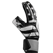 Black and white soccer goalkeeper glove with Stars and Stripes pattern. The word "Stars" is printed on the thumb. This soccer goalie glove is a Hybrid Cut. The goalkeeper glove has an extended palm and 4mm of German contact latex on the palm. 