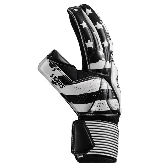 Black and white soccer goalkeeper glove with Stars and Stripes pattern. The word "Stars" is printed on the thumb. This soccer goalie glove is a Hybrid Cut. The goalkeeper glove has an extended palm and 4mm of German contact latex on the palm. 