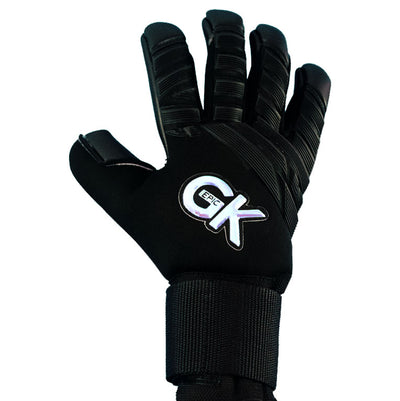 All black Soccer Goalkeeper Glove with a hologram reflector logo on the back that says, "EPIC GK". This soccer goalie glove is an Ideal Cut and has rubber punch zones on the knuckles. The name of this soccer goalie glove is the "Stealth" soccer glove. 