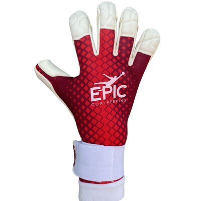 Red and white soccer goalkeeper glove with the words "EPIC Goalkeeping" printed on the backhand. This soccer goalie glove has a white strap and white finger tips. The name of this soccer glove is the "Touch" by EPIC Soccer Academy.