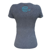 Back of a woman's v-neck t-shirt. In the top of back of the t-shirt is the logo for EPICGK.COM, printed in teal blue. This t-shirt is extremely soft and made of 65% polyester 35% cotton.