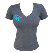 Soft woman's V-Neck t-shirt. In the upper right chest corner is the logo for EPIC Goalkeeping, printed in teal blue. The t-shirt is made of 65% polyester 35% cotton.