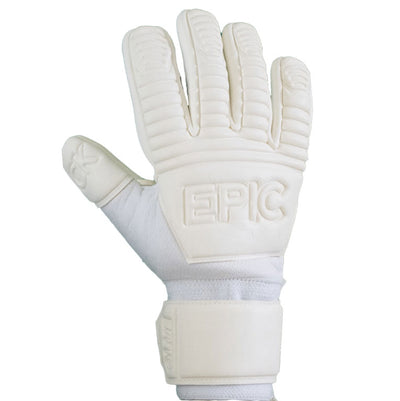 All white Soccer Goalkeeper Glove with the word "EPIC" in capital letters across the back of the glove and a 8mm Contact Latex backhand with padded fingers and thumb.